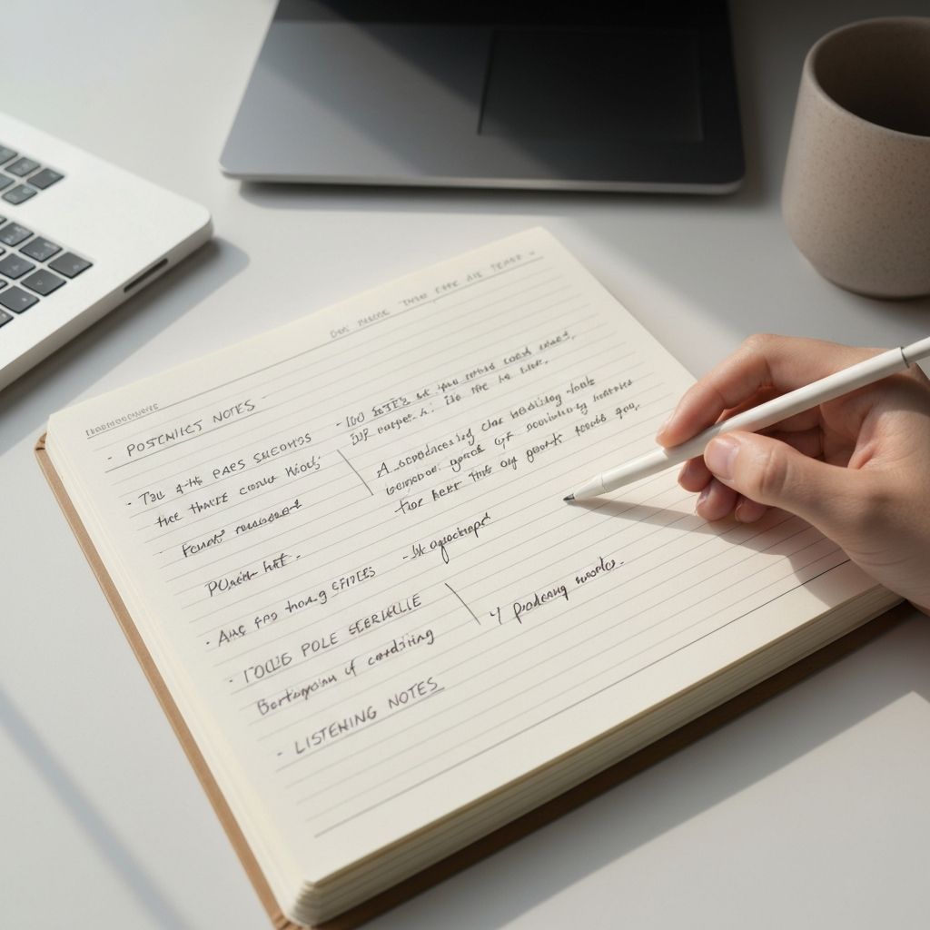 Блокнот с организованными заметками о слушаемом подкасте